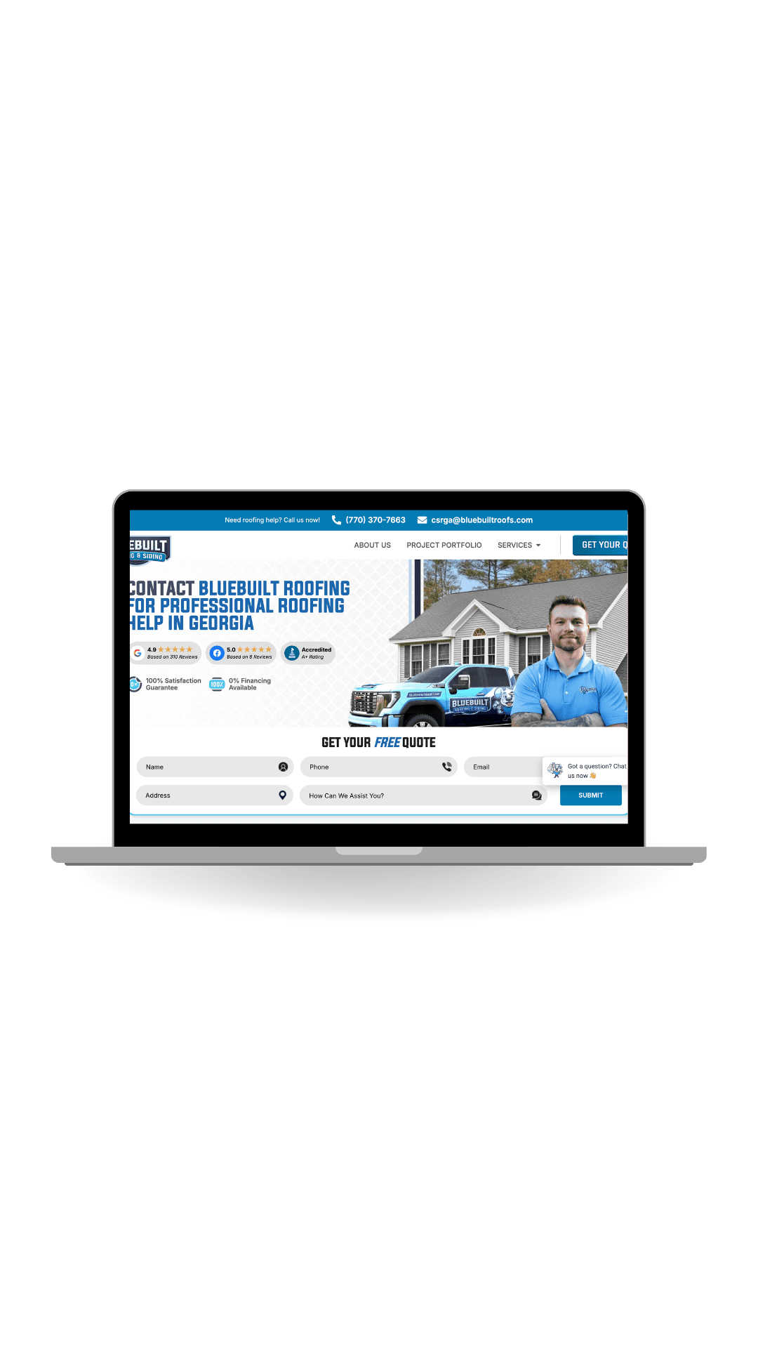 BlueBuilt Roofing & Siding website built by Celer
