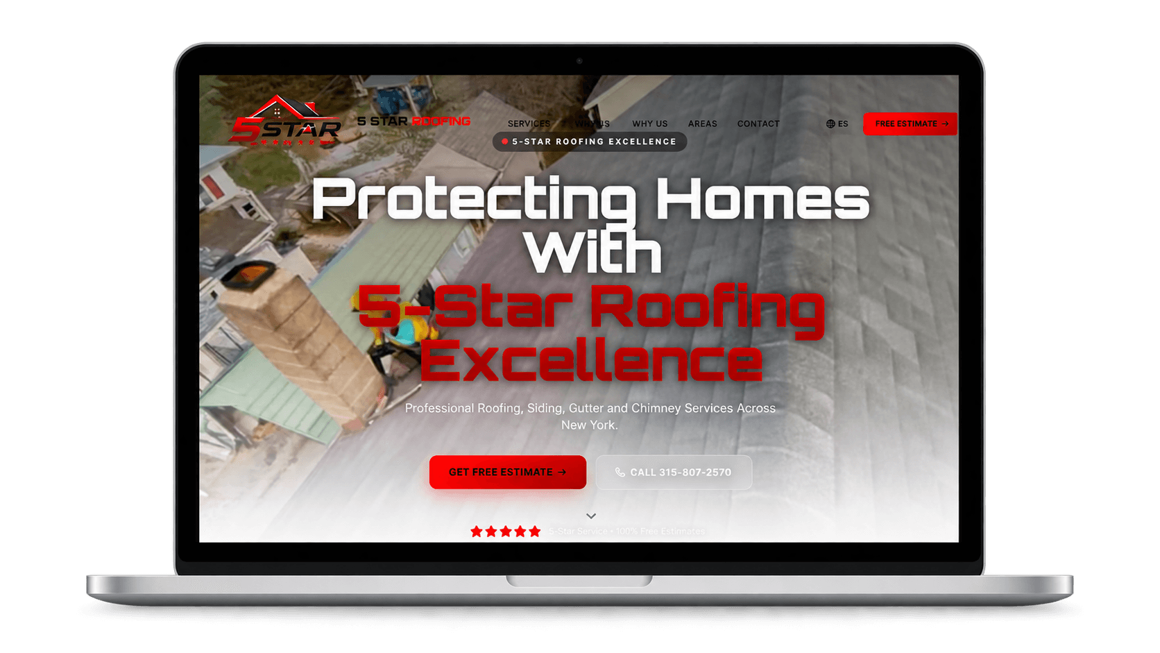 5 Star Roofing website displayed on a laptop